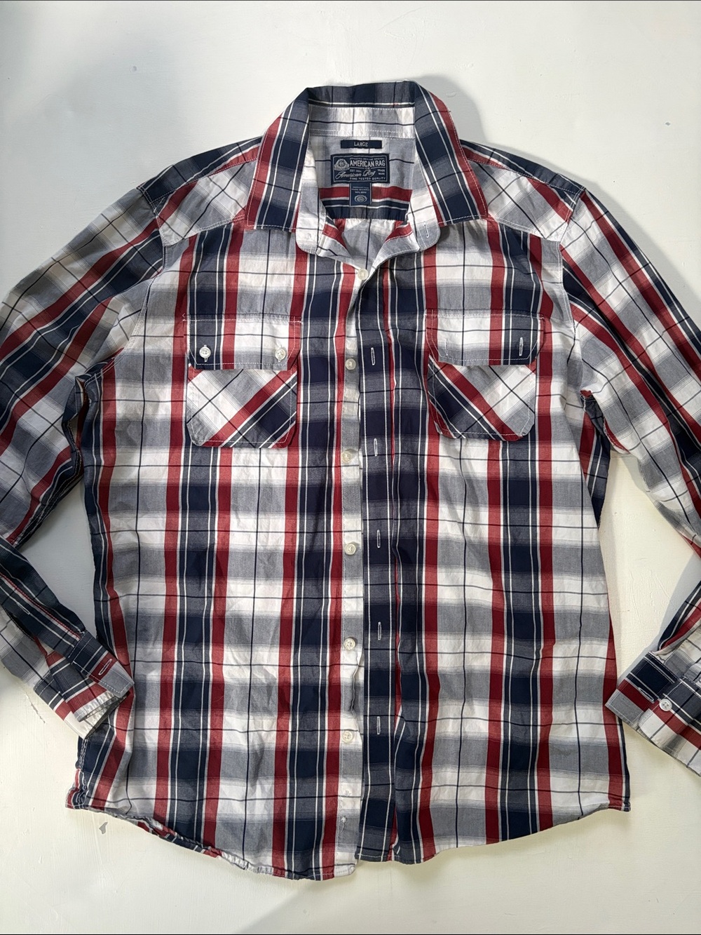 American Rag Red, Navy & White Plaid Button-Up Shirt Large